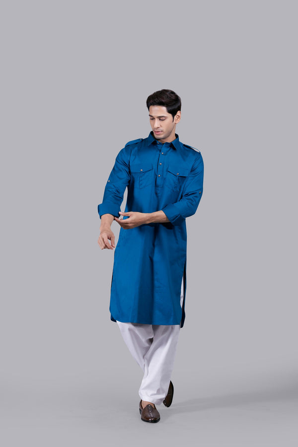 b more TEAL COTTON SILK PATHANI KURTA SET