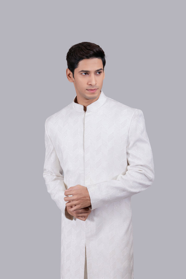 B More WHITE CHANDERI SILK HAND WORK SHERWANI