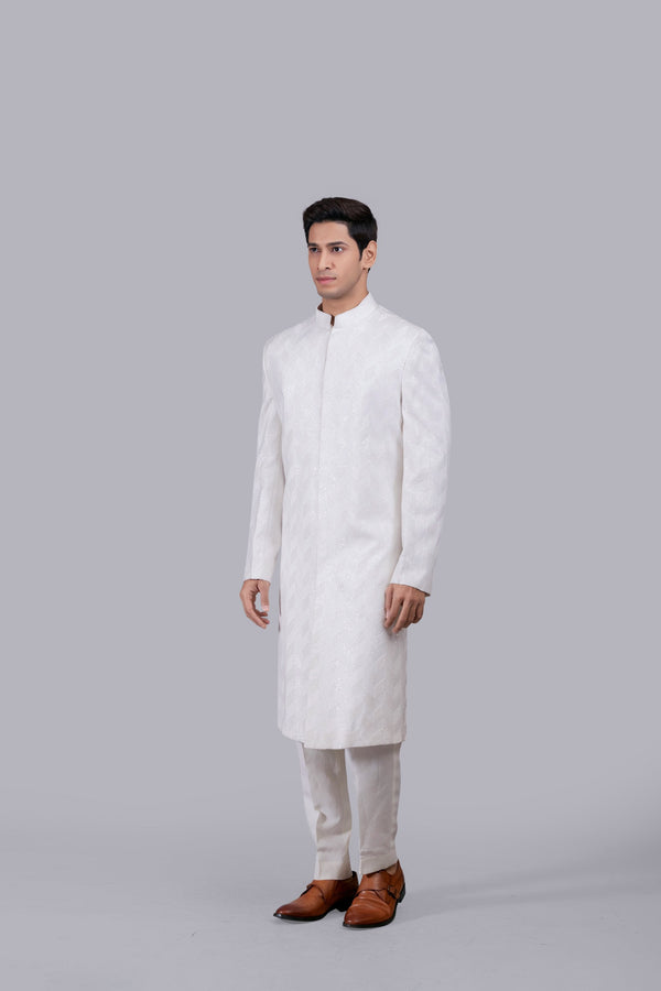B More WHITE CHANDERI SILK HAND WORK SHERWANI