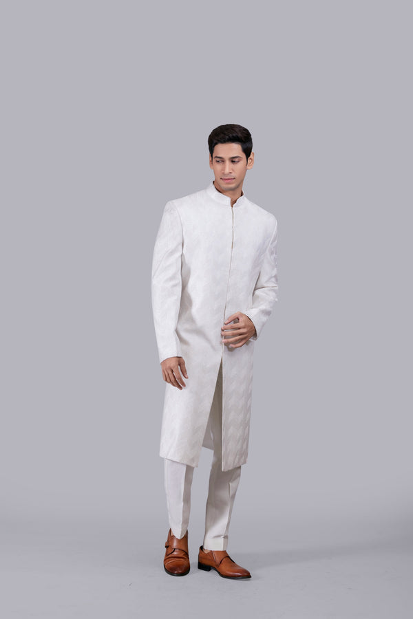 B More WHITE CHANDERI SILK HAND WORK SHERWANI