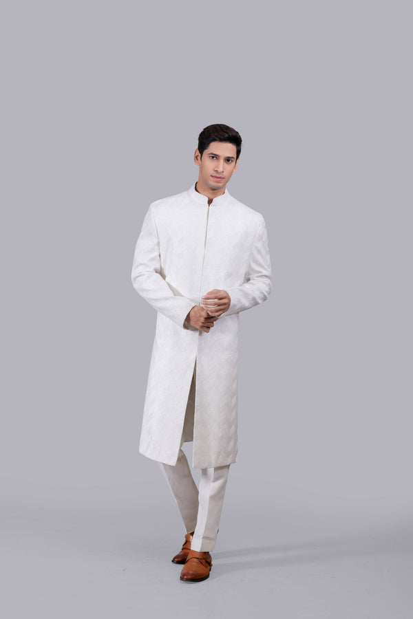 b more WHITE CHANDERI SILK HAND WORK SHERWANI