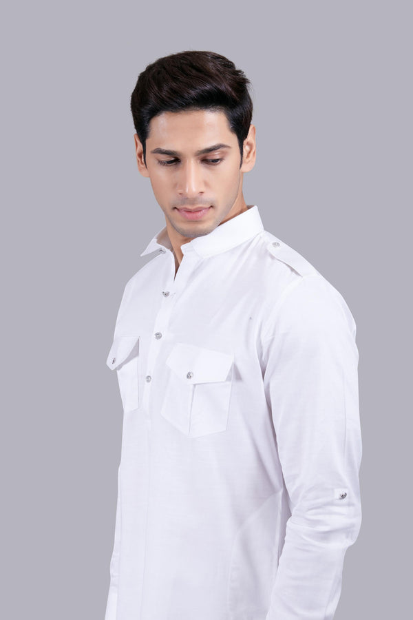 B More WHITE COTTON SILK PATHANI KURTA SET