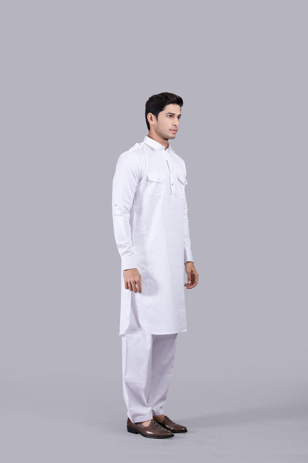 B More WHITE COTTON SILK PATHANI KURTA SET