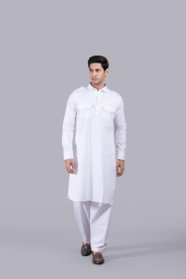 b more WHITE COTTON SILK PATHANI KURTA SET