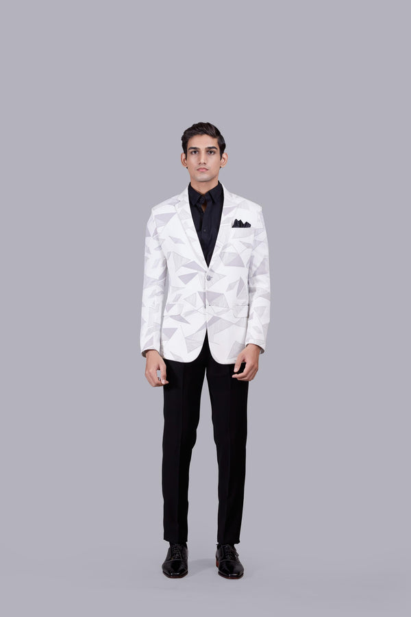 b more WHITE KNITTED LYCRA PRINTED BLAZER