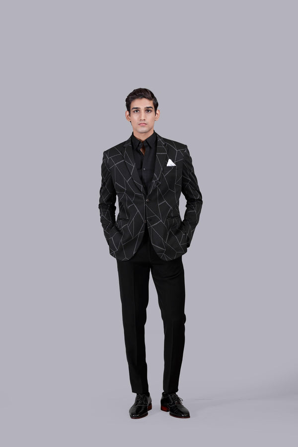 b more WHITE KNITTED LYCRAS PRINTED BLAZER