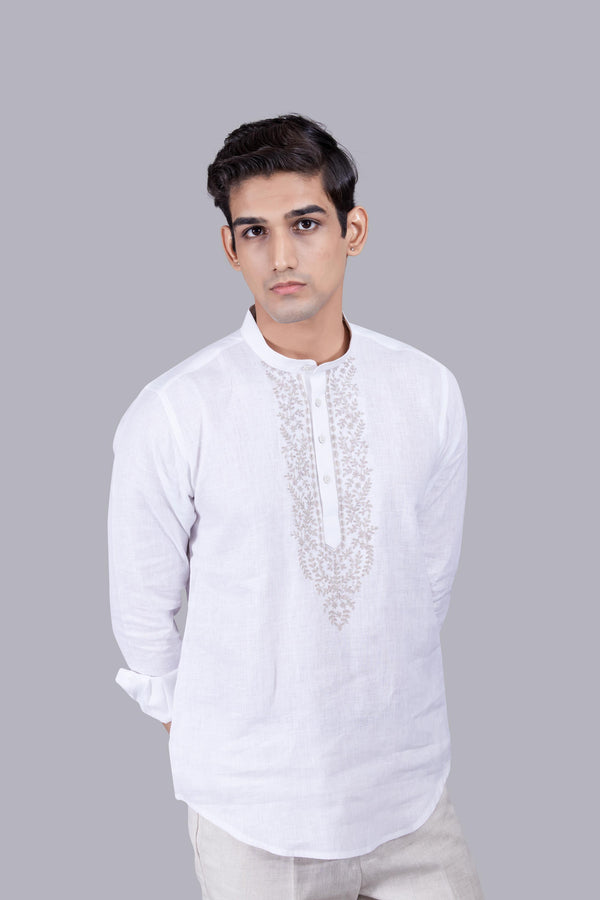 B More WHITE LINEN THREAD ARI WORK KURTA SET