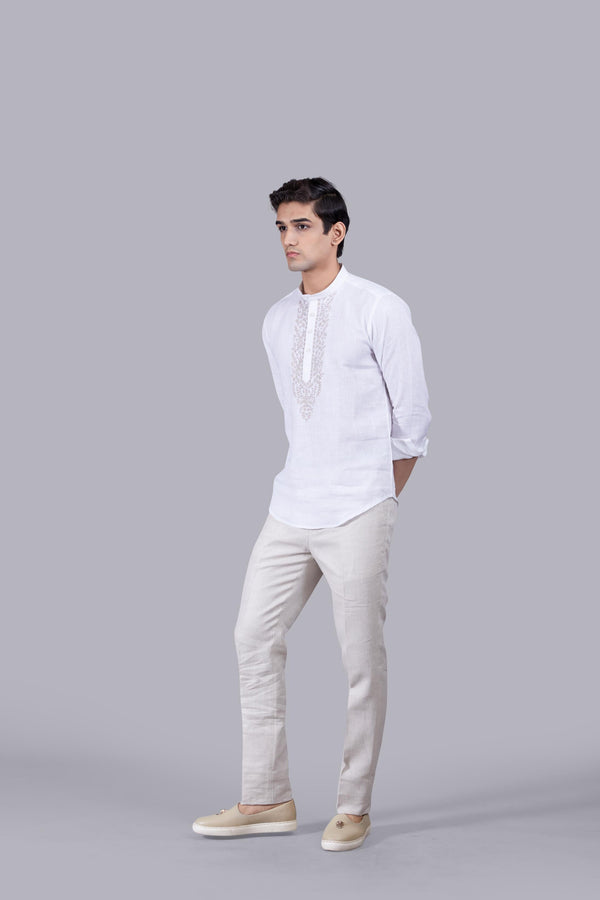 B More WHITE LINEN THREAD ARI WORK KURTA SET