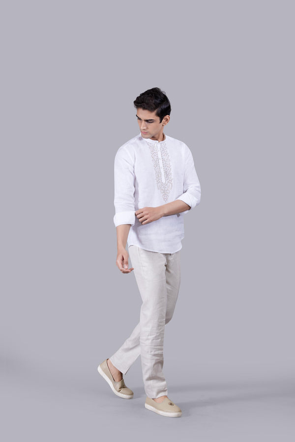 B More WHITE LINEN THREAD ARI WORK KURTA SET