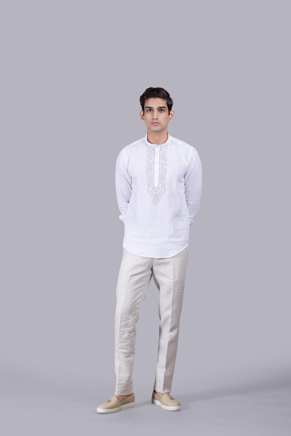 b more WHITE LINEN THREAD ARI WORK KURTA SET