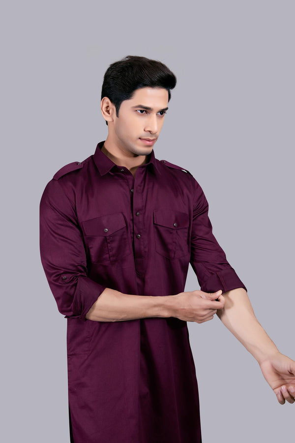 B More WINE COTTON SILK PATHANI KURTA SET