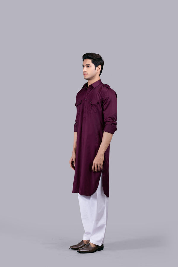 B More WINE COTTON SILK PATHANI KURTA SET