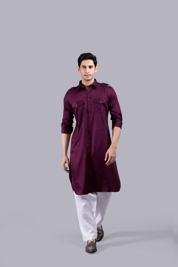 b more WINE COTTON SILK PATHANI KURTA SET