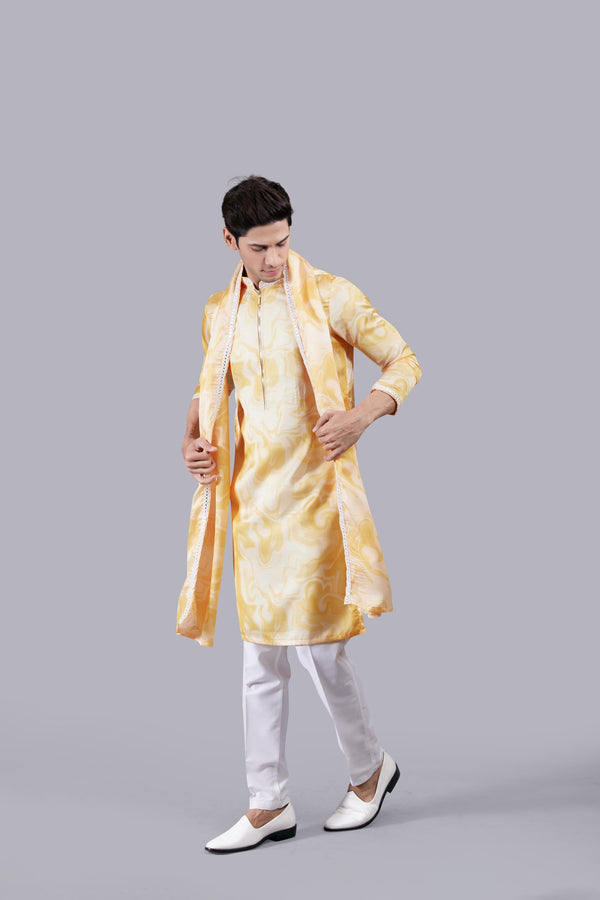 B More YELLOW LINEN SILK MIRROR WORK KURTA SET