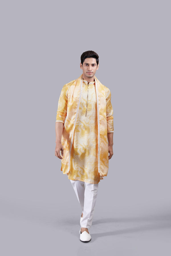 b more YELLOW LINEN SILK MIRROR WORK KURTA SET