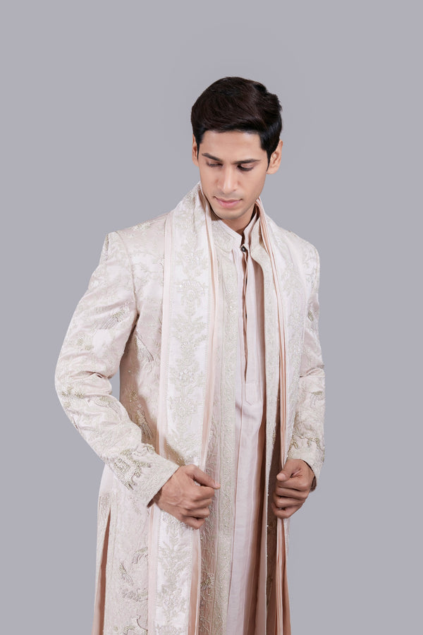 B More BABY PINK EVERYTHING IN SILK THREAD WORK SHERWANI