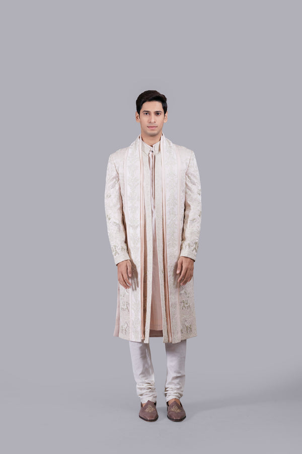 b more BABY PINK EVERYTHING IN SILK THREAD WORK SHERWANI