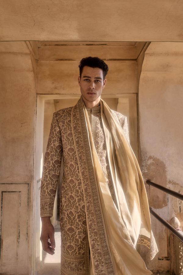 B More Beige Chanderi Silk Resham Thread Work Sherwani