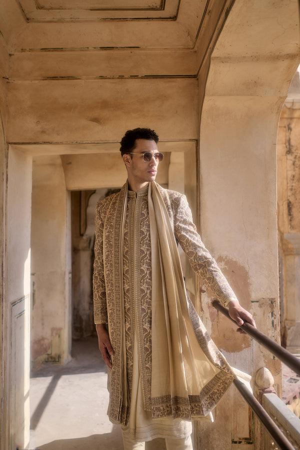 B More Beige Chanderi Silk Resham Thread Work Sherwani