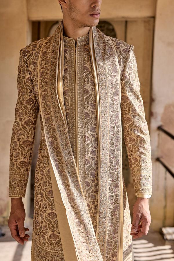 B More Beige Chanderi Silk Resham Thread Work Sherwani