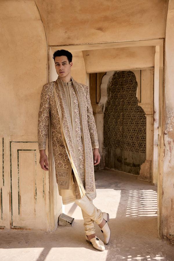 b more Beige Chanderi Silk Resham Thread Work Sherwani