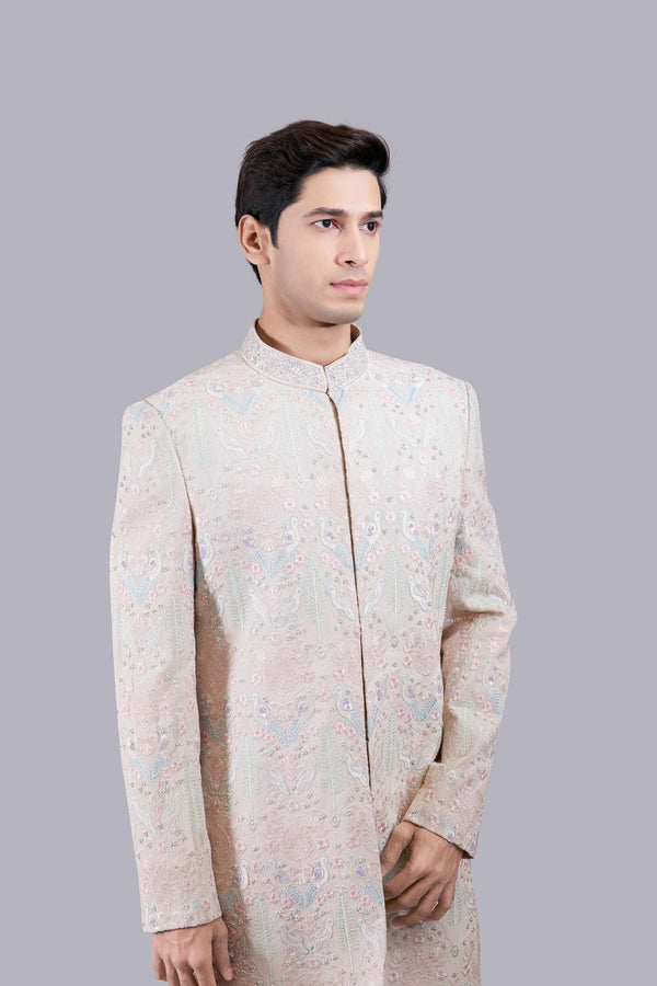 B More BEIGE GEORGETTE -CHANDERI SILK PEARL WORK SHERWANI