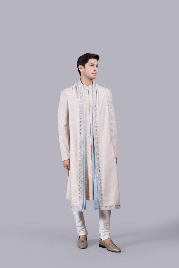 B More BEIGE GEORGETTE -CHANDERI SILK PEARL WORK SHERWANI