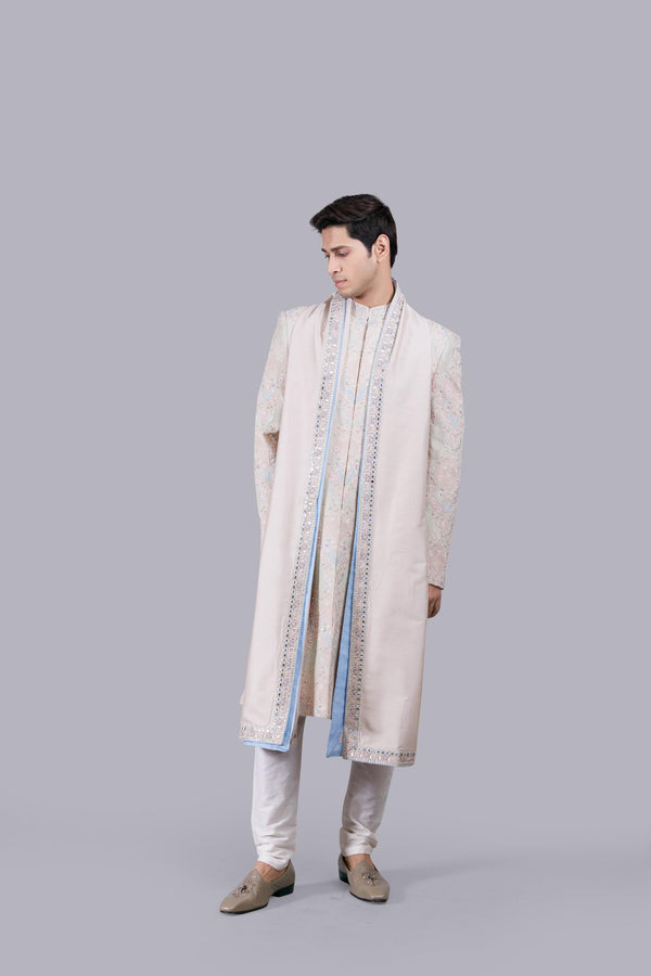 B More BEIGE GEORGETTE -CHANDERI SILK PEARL WORK SHERWANI