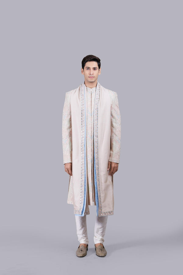 b more BEIGE GEORGETTE -CHANDERI SILK PEARL WORK SHERWANI
