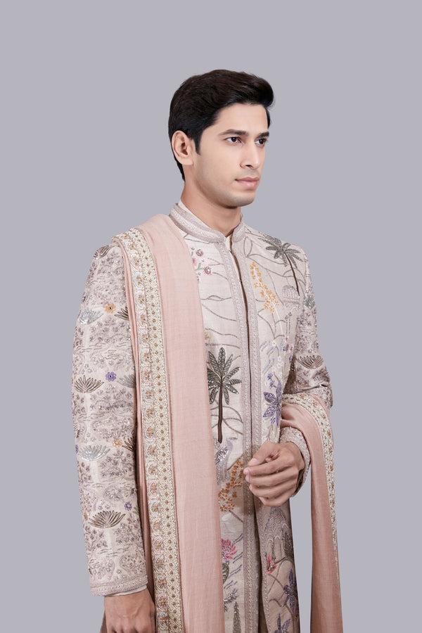 B More BEIGE PURE BANARASHI SILK HAND WORK SHERWANI