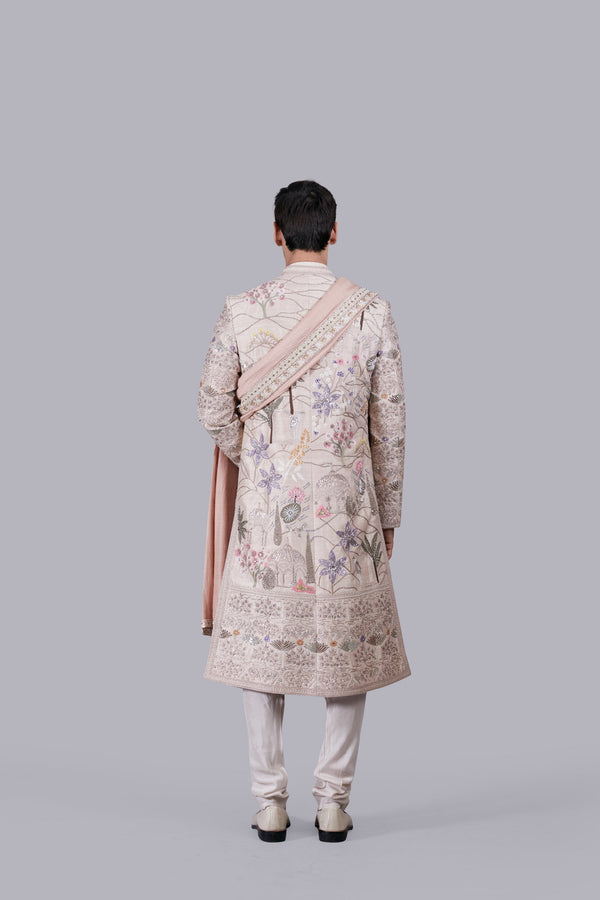 B More BEIGE PURE BANARASHI SILK HAND WORK SHERWANI