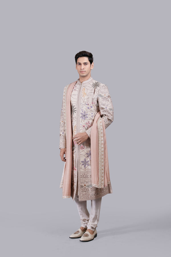 B More BEIGE PURE BANARASHI SILK HAND WORK SHERWANI