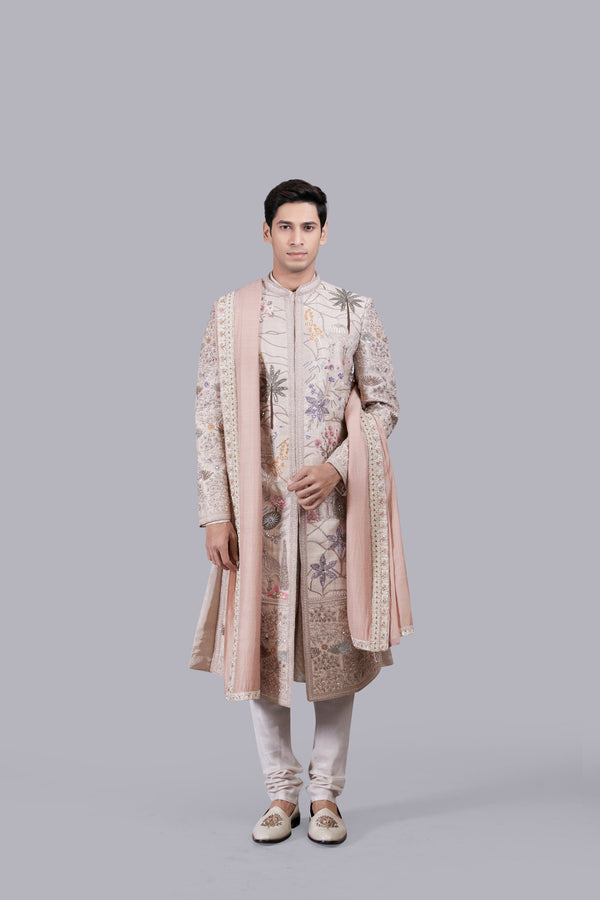 b more BEIGE PURE BANARASHI SILK HAND WORK SHERWANI