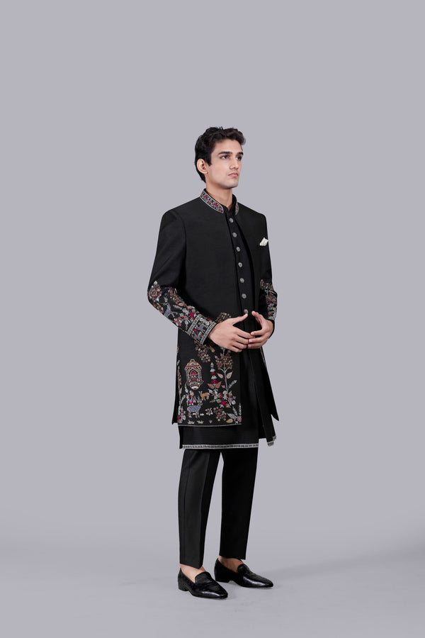 B More BLACK BHAGALPURI SILK EMBROIDERY WORK INDOWESTERN