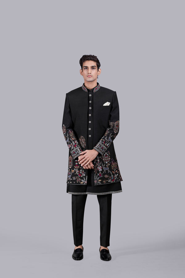 b more BLACK BHAGALPURI SILK EMBROIDERY WORK INDOWESTERN