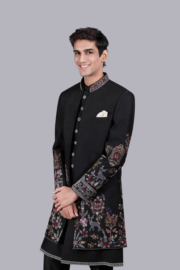 B More BLACK BHAGALPURI SILK EMBROIDERY WORK INDOWESTERN