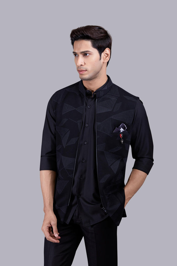 B More BLACK HOSIERY COTTON DIGITAL PRINT NEHRU JACKET