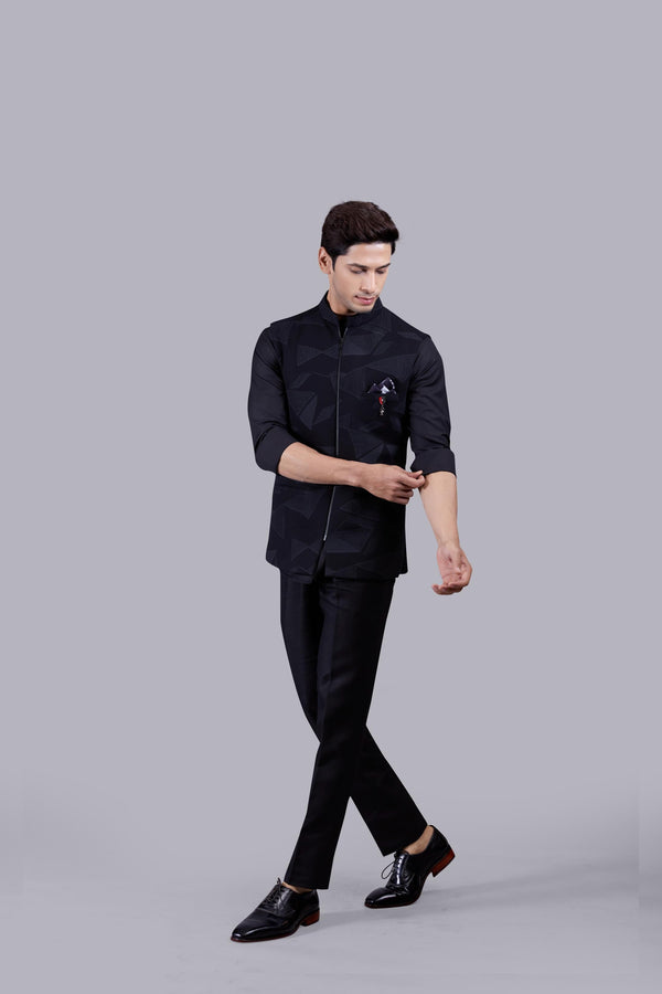 B More BLACK HOSIERY COTTON DIGITAL PRINT NEHRU JACKET