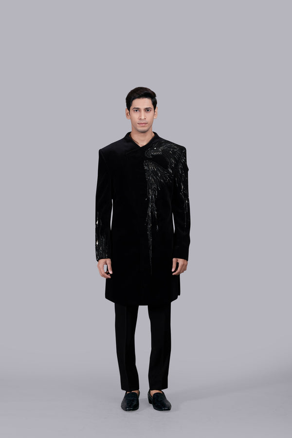 B More BLACK ITALIAN COTTON VELVET CUTDANA WORK INDO WESTERN