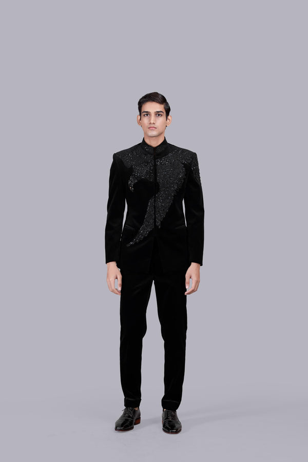 b more BLACK ITALIAN COTTON VELVET CUTDANA WORK JODHPURI