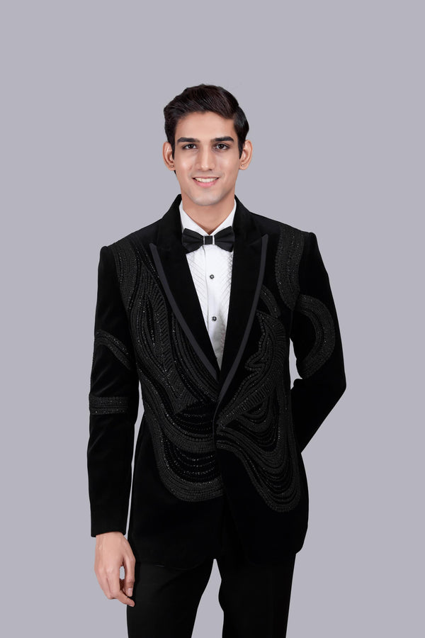B More BLACK ITALIAN COTTON VELVET FRENCH KNOT WORK SUIT