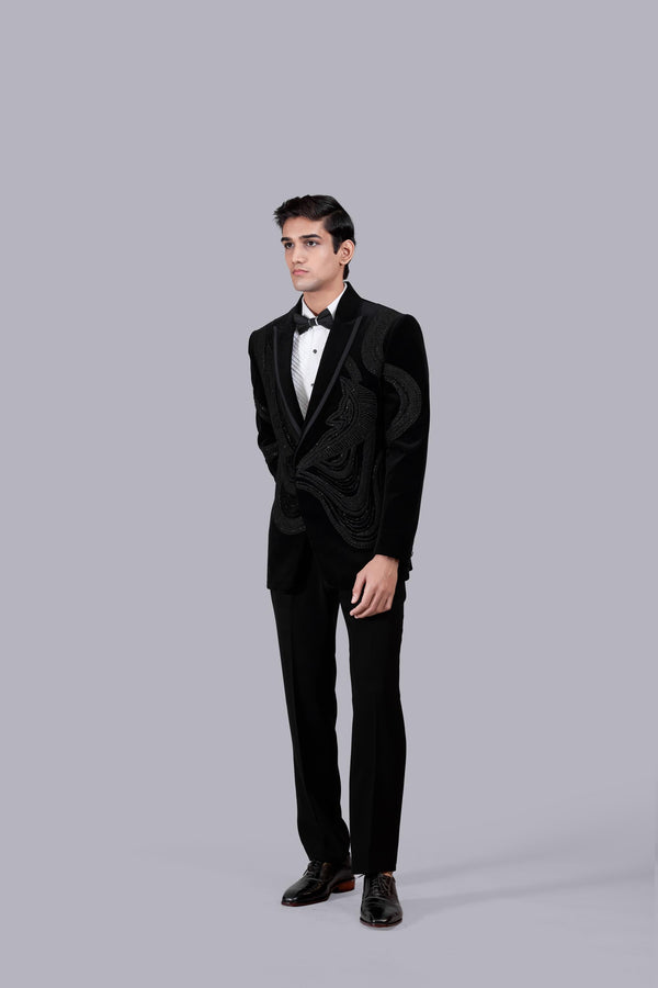 B More BLACK ITALIAN COTTON VELVET FRENCH KNOT WORK SUIT