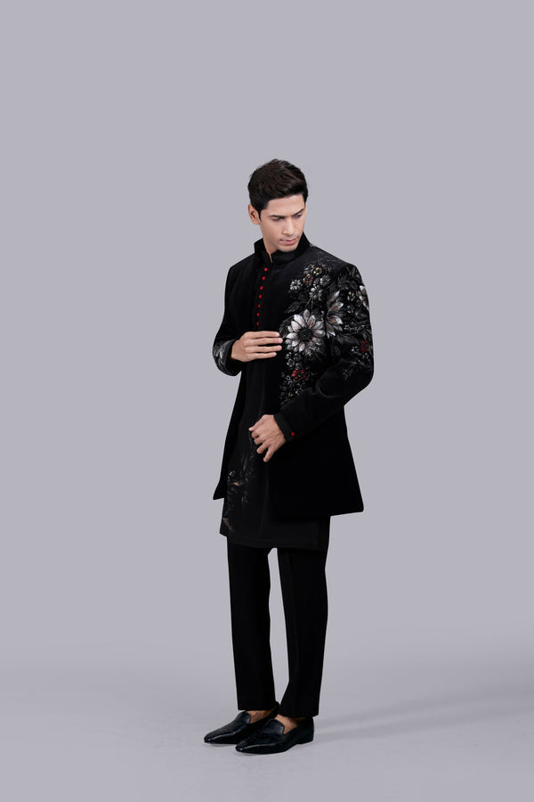 B More BLACK ITALIAN COTTON VELVET HAND PAINTED INDO WESTERN