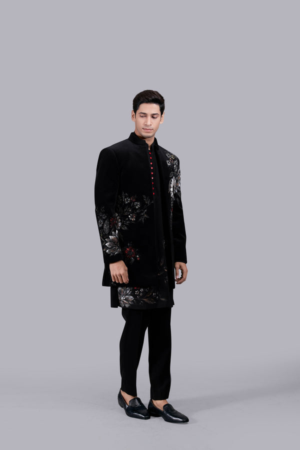 B More BLACK ITALIAN COTTON VELVET HAND PAINTED INDO WESTERN