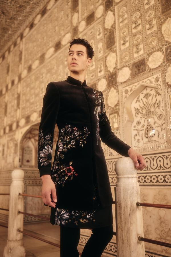 B More Black Italian Cotton Velvet Handpainted Pearls Patchwork Indowestern