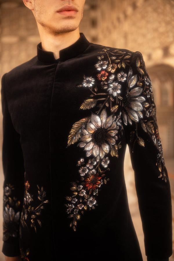 B More Black Italian Cotton Velvet Handpainted Pearls Patchwork Indowestern