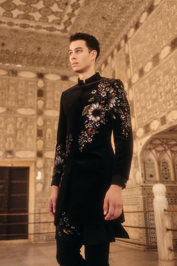 B More Black Italian Cotton Velvet Handpainted Pearls Patchwork Indowestern