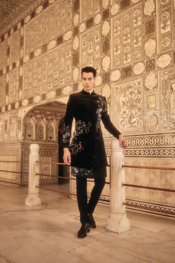 b more Black Italian Cotton Velvet Handpainted Pearls Patchwork Indowestern