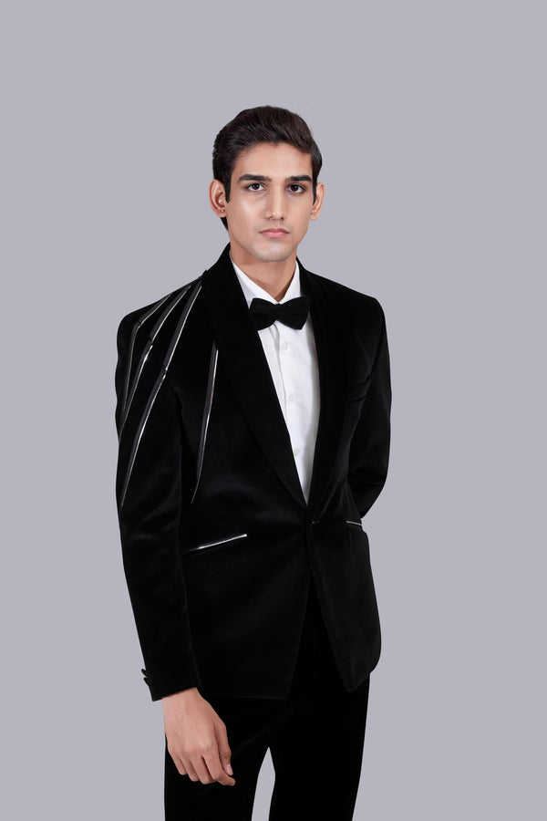 B More BLACK ITALIAN COTTON VELVET LEATHER PIPING SUIT