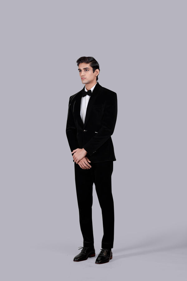 B More BLACK ITALIAN COTTON VELVET LEATHER PIPING SUIT